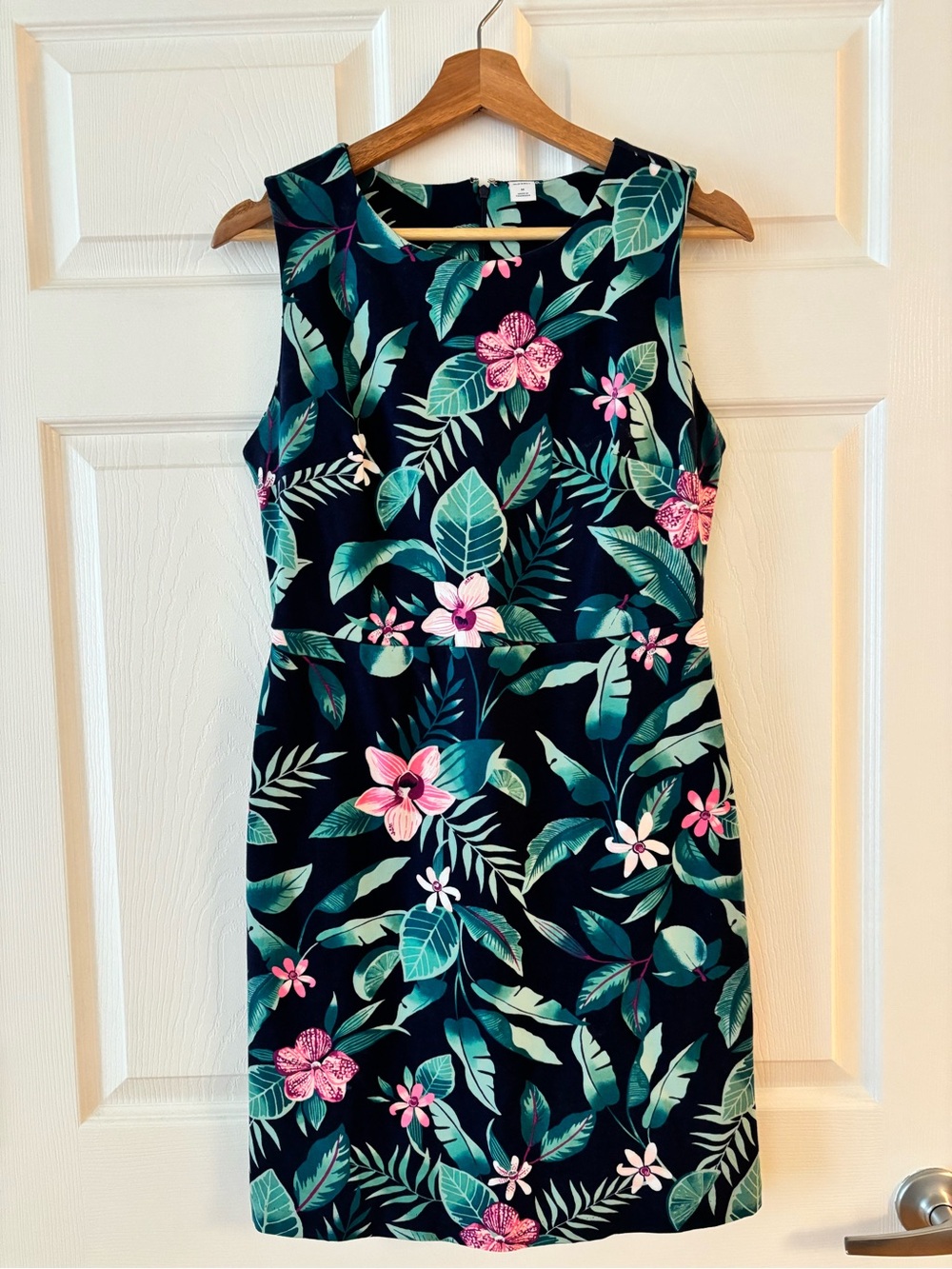 Old Navy Navy Floral Sheath Dress with Green and Pink Leaves